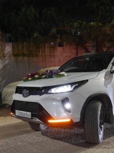 Toyota Fortuner decorated with wedding flowers in Hyderabad